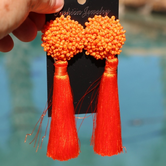 New! Large Orange Boho Earrings Post Drop Tassels - Picture 2 of 5